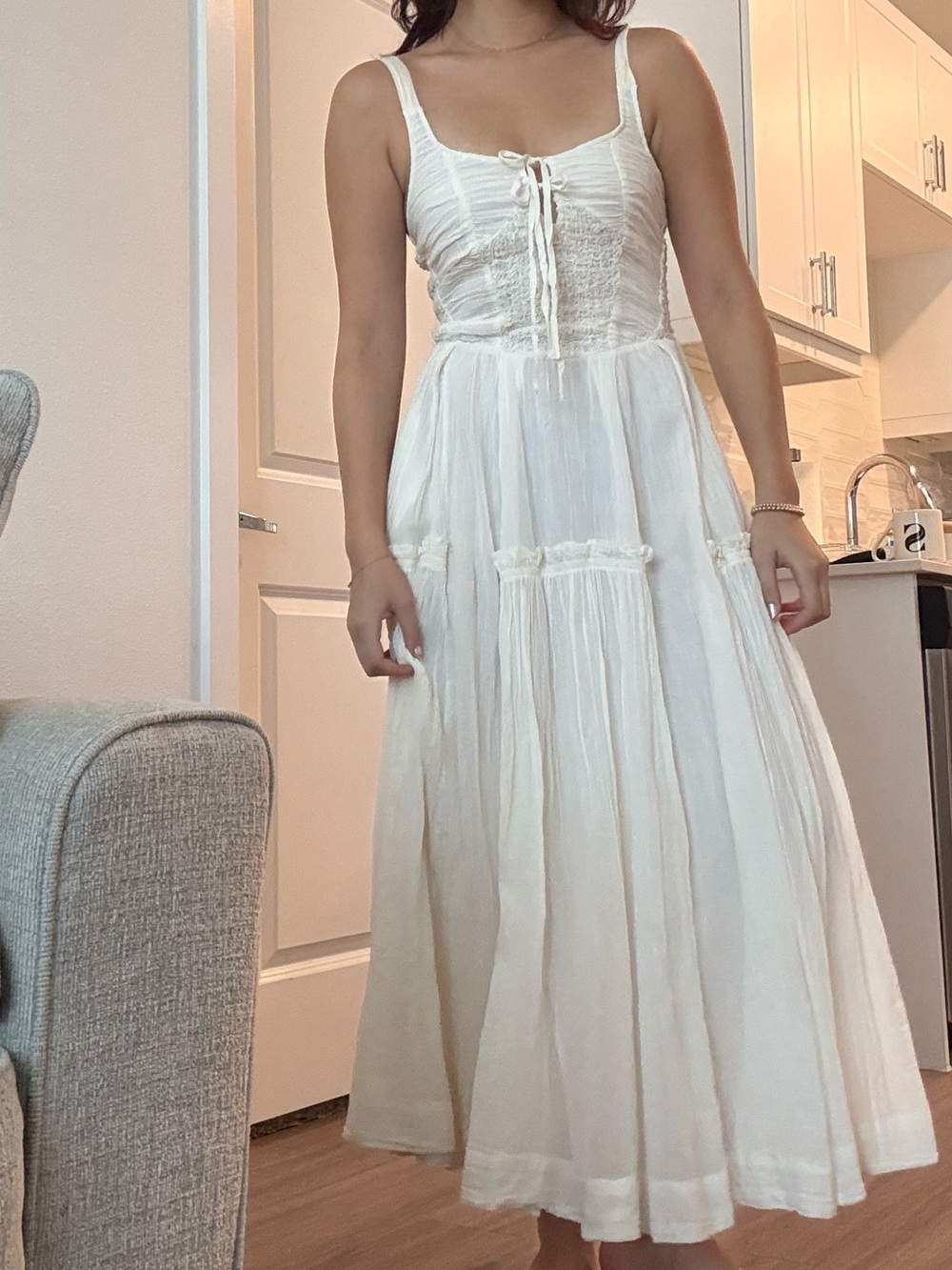Free People White Tiered Maxi Dress with Lace-Up Bodice